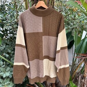 Vintage Frozen Assets Patchwork Mock Neck Sweater Brown L